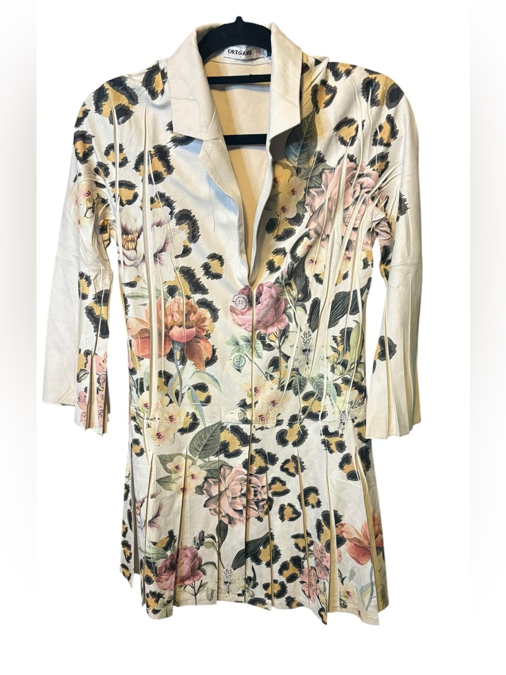 Origami by Vivian Faux Suede Floral Leopard Pleated Statement Jacket Small